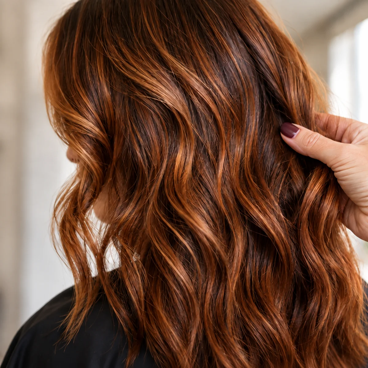 Illustrative colorist’s hand separating dimensional copper waves